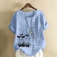 thumbnail image 2 of QATAINLAV Hauts en Coton et Lin pour Femmes 2025 Col Rond Manches Courtes Retroussées T-Shirt Tendance à Imprimé Floral Blouse Décontractée Coupe Ample Tenues de Vacances Rentrée des Classes Ventes Prime Bleu Clair P, 2 of 5
