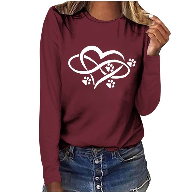 Pisexur Hauts pour Femmes Mode d'Automne T-Shirt à Imprimé Graphique Cœur Col Rond Manches Longues Chemises pour Femmes Chic Décontracté Hauts de Sortie Confort Polyvalent Blouses Légères