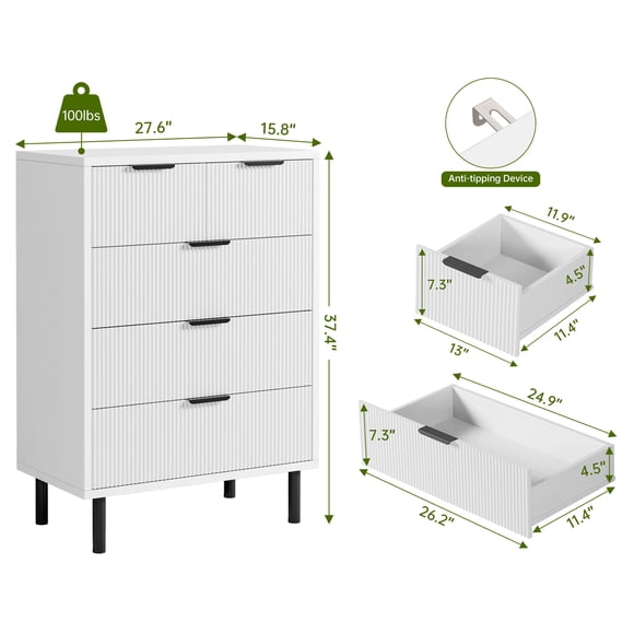 EDTara Fluted 5 Drawer Dresser for Bedroom, Modern Tall Chest of Drawers with Metal Legs, Solid Wooden Drawer Chest Storage Cabinet for Living Room, Hallway, Entryway, Home Office