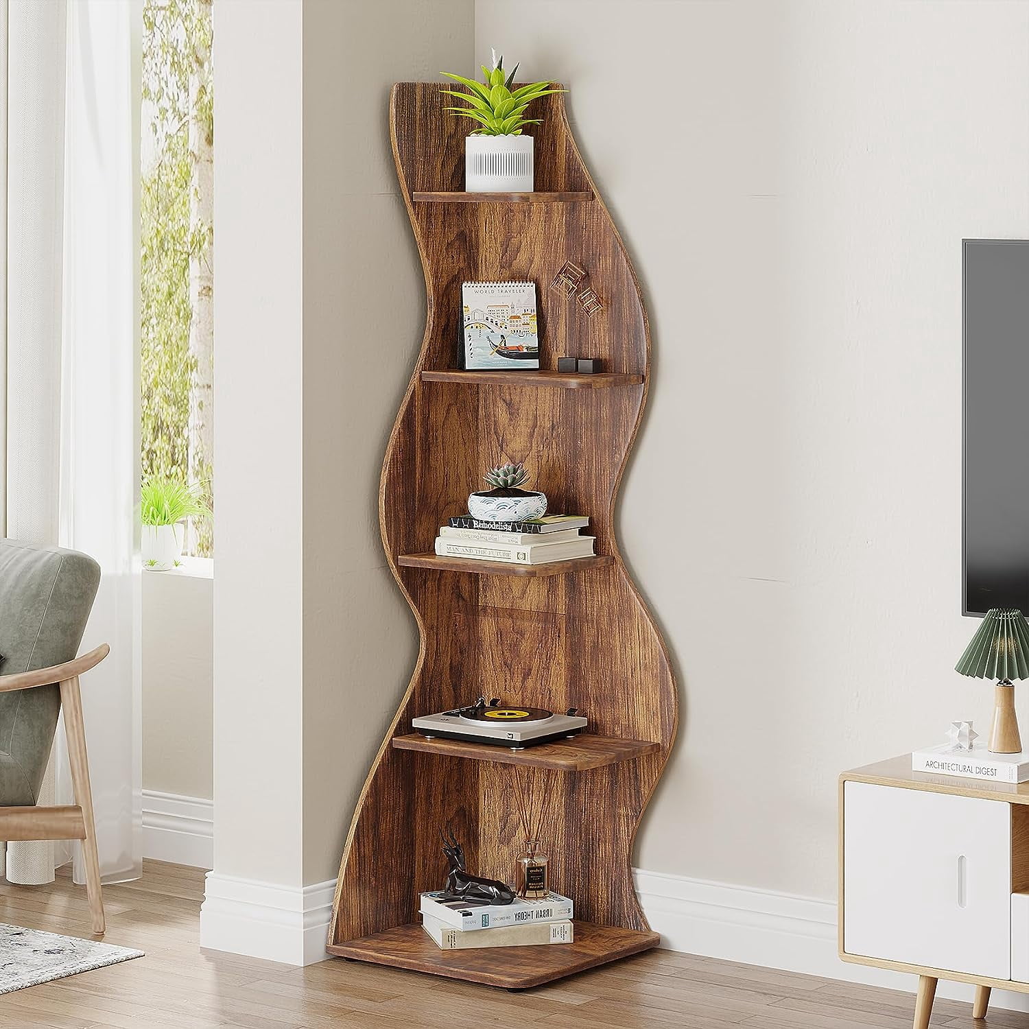 Tribesigns 5-Tier Corner Shelf, Rustic Corner Bookcase Storage Rack with Unique Shape for Living Room (Brown)