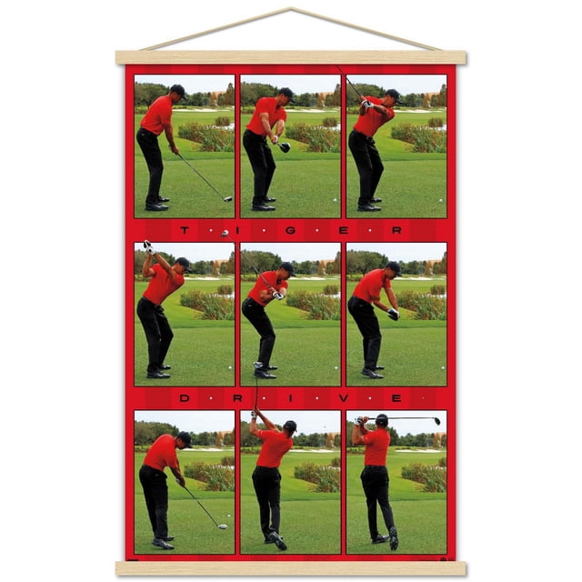 Tiger Woods - Affiche Murale Drive, 22,375 Po x 34 Po Affichant Neuf images Séquentielles d'Un Golfeur avec une Chemise Rouge et un Pantalon Noir Exécutant une Balançoire Drive sur un Terrain de golf Vert avec des Arbres et des Pièges à Sable, Ensemble dans un Cadre Rouge avec Texte « Tiger Drive » entre les Rangées, Idéal pour une Oeuvre Murale à Thème Sportif à la Maison Ou au Bureau.