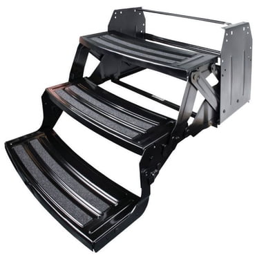 Lippert Components Étape d'Entrée 432690 3 Étapes Pliantes Manuelles; Largeur 24 Pouces x Profondeur 7 Pouces; avec Montée de 9 Pouces; à Boulonner; Coin de Rayon avec Bande de Roulement à Rainure en Losange; Acier Noir à Calibre Lourd Enduit de Poudre