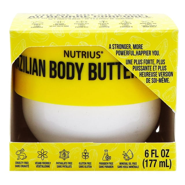 Nutrius Brazilian Body Butter Cream in a white round jar with a yellow lid inside a yellow box featuring bilingual text and icons for cruelty-free, vegan friendly, phthalate free, gluten free, paraben free, and mineral oil free, containing 6 fl oz (177 ml) of hydrating body butter suitable for all skin types.