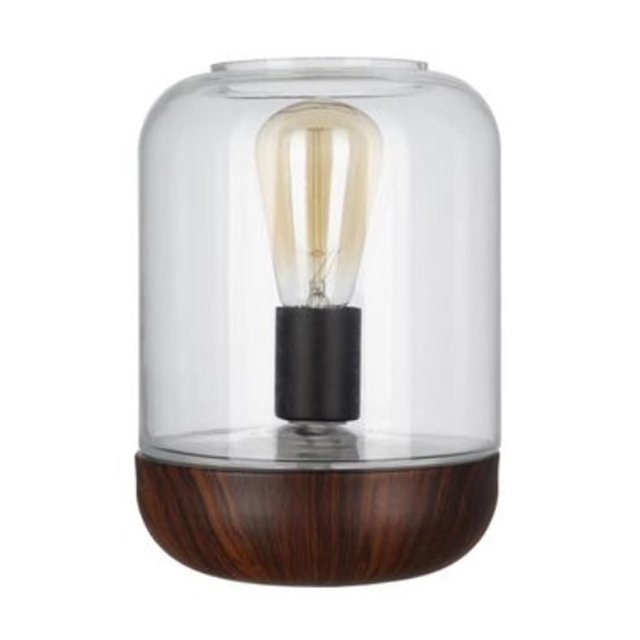 Hometrends Lampe de table en Verre de 10 Pouces à Éclairage vers le Haut avec Couvercle en Pot de Verre Transparent et Douille d'Ampoule Edison Centrale sur une base en faux Bois à grain de Bois Foncé, Convient à l'Éclairage Ambiant à la Maison et à un Usage Décoratif.