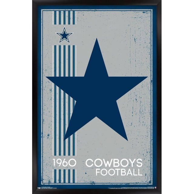 NFL Dallas Cowboys - Affiche Murale Logo Rétro 14, Affiche Encadrée 22,375 Pouces x 34 Pouces Mettant en Vedette une Grande Étoile Bleu Marine sur un Fond Gris Vieilli avec des Rayures Verticales et une Petite Étoile en Haut à Gauche, Texte Blanc « 1960 Cowboys Football » en Bas, Convient à la Déco Maison et à l'Art Mural dans les Chambres, Bureaux Ou Dortoirs.