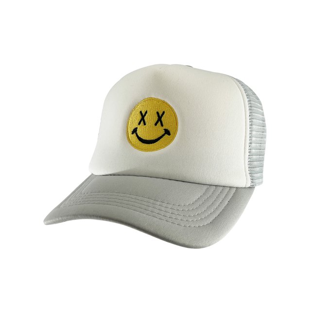 Gravity Threads Smile Face Embroidery Adjustable Trucker Hat - Cross Eye - White/Grey