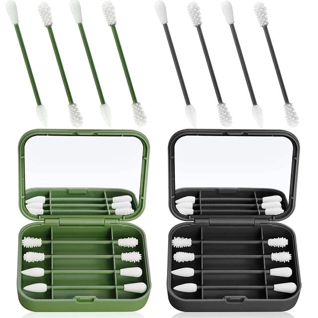 Ensemble de 8 Cotons-Tiges Réutilisables en Silicone à Embout Q, Cotons-Tiges Portatifs en Silicone avec Boîtes de Rangement Vertes et Grises et Miroirs Cosmétiques Intégrés. Chaque Boîte Contient Quatre Cotons-Tiges en Silicone avec Embouts Souples et Flexibles Conçus pour le Nettoyage des Oreilles et l'Application du Maquillage. les Cotons-Tiges Sont Réutilisables, Faciles à Nettoyer et Faits de Silicone de Qualité Médicale, Convenant aux Zones Sensibles. Idéal pour les Voyages Ou l'Usage Quotidien.