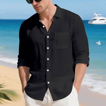 BLCHUNen Linen Shirts for Men Casual Button down Turn Collar Lightweight Breathable Fall Long Sleeve Shirts with Pocket
