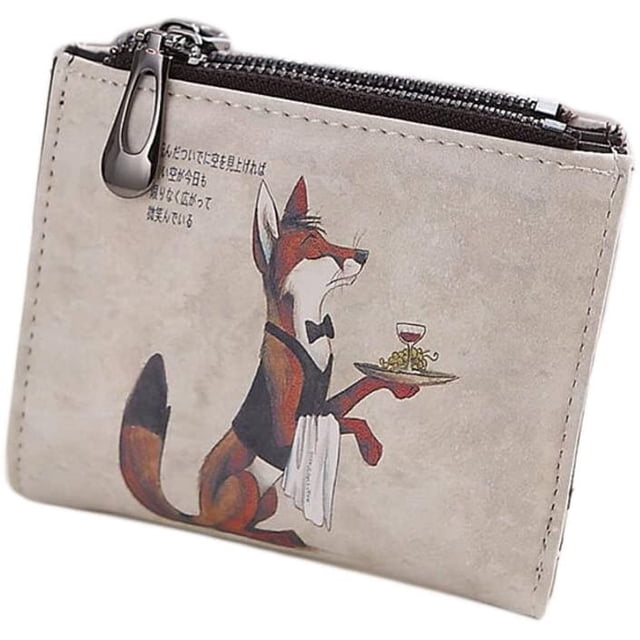 Ladies Cartoon Cute Zippered Wallet Short Purse Small Coins Purse Card Holder Fox. Made of grey PU leather with a whimsical cartoon fox design wearing a tuxedo and holding a tray. Features a zippered closure, 1 bill compartment, 5 card slots, 1 photo window, and 2 zip pockets. Compact size of 11.5 x 9.5 x 2 cm, ideal for carrying cash, cards, coins, and small items. Suitable for work, shopping, travel, and casual use.