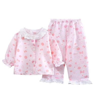 Baby Girls' Pajama Sets Lace Trimmed Lapel Two Piece Sleepwear, Breathable Air Conditioning Clothes for Kids