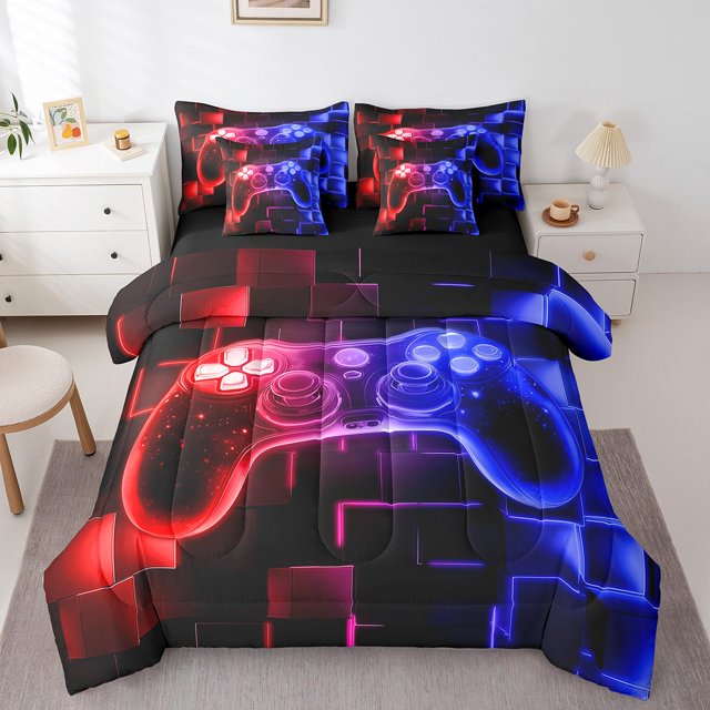 YST 7Pcs Kids Gamer Comforter Set Full, Gaming Bedding Comforter Set, Video Games Gamepad Bed In A Bag Neon Glowing Square Geometric Grid Red Blue Bed Sets With Comforter And Sheets