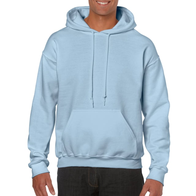 Gildan Men's Heavy Blend Hooded Sweatshirt in light blue, size L. This men's hoodie features a double-lined hood, matching drawcord, pouch pocket, and 1x1 ribbed cuffs and waistband with spandex. Made from 50% cotton and 50% polyester with pill-resistant air jet yarn and double-needle stitching throughout.