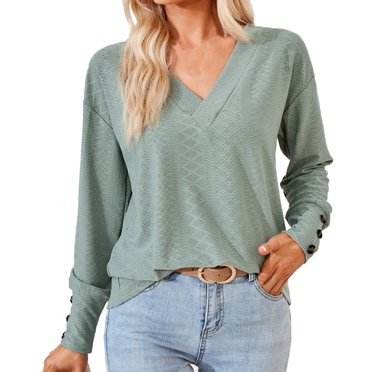 CEHVOM T-shirt Ample à Col en V pour Femme à Manches Longues en Dentelle avec Boutons Liquidation