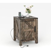 Farmhouse Nightstand with Charging Station, Barn Door Bedside Table with Adjustable Shelf, Rustic Wooden End Table with USB & Outlets, 18" Small Night Stand for Bedroom Living Room