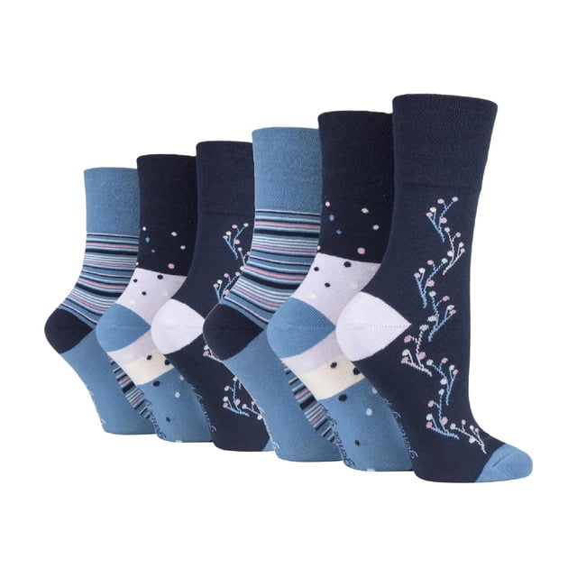 Gentle Grip - 6 Pairs Ladies Gentle Grip Non Elastic Crew Socks featuring a variety of blue-toned designs, including floral patterns, polka dots, and stripes. Made from soft, cotton-rich yarn with a HoneyComb Top for comfort, these socks are ideal for those with circulatory issues or swollen legs. Designed to mould to the natural contours of the legs without leaving constriction marks, they also feature flat seamed toes for added wearability. Suitable for women, one size fits most.
