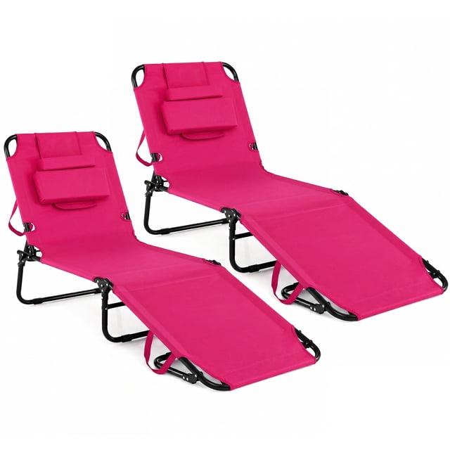 Gymax 2PCS 5-Position Lounge Chair Adjustable Beach Chaise w/ Face Cavity & Pillows