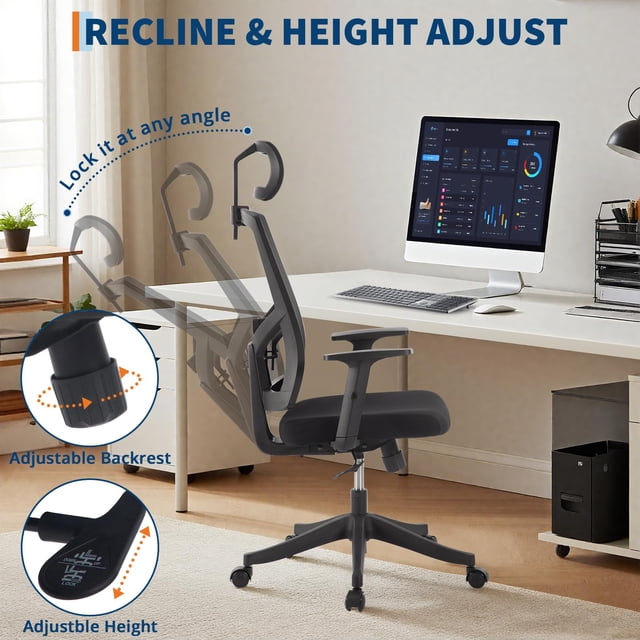 EDTara Executive Mesh Office Chair, High Back Ergonomic Design with 4D Armrests, Lumbar & Headrest Adjustment, Sliding Seat, Tilt Lock for Home Office