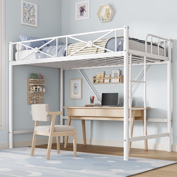 Heavy Duty Twin Metal Loft Bed Frame - 400 lbs Capacity - Space-Saving, Noise-Free, Safety Guard Rails - Ideal for Kids, Teens, Adults - White