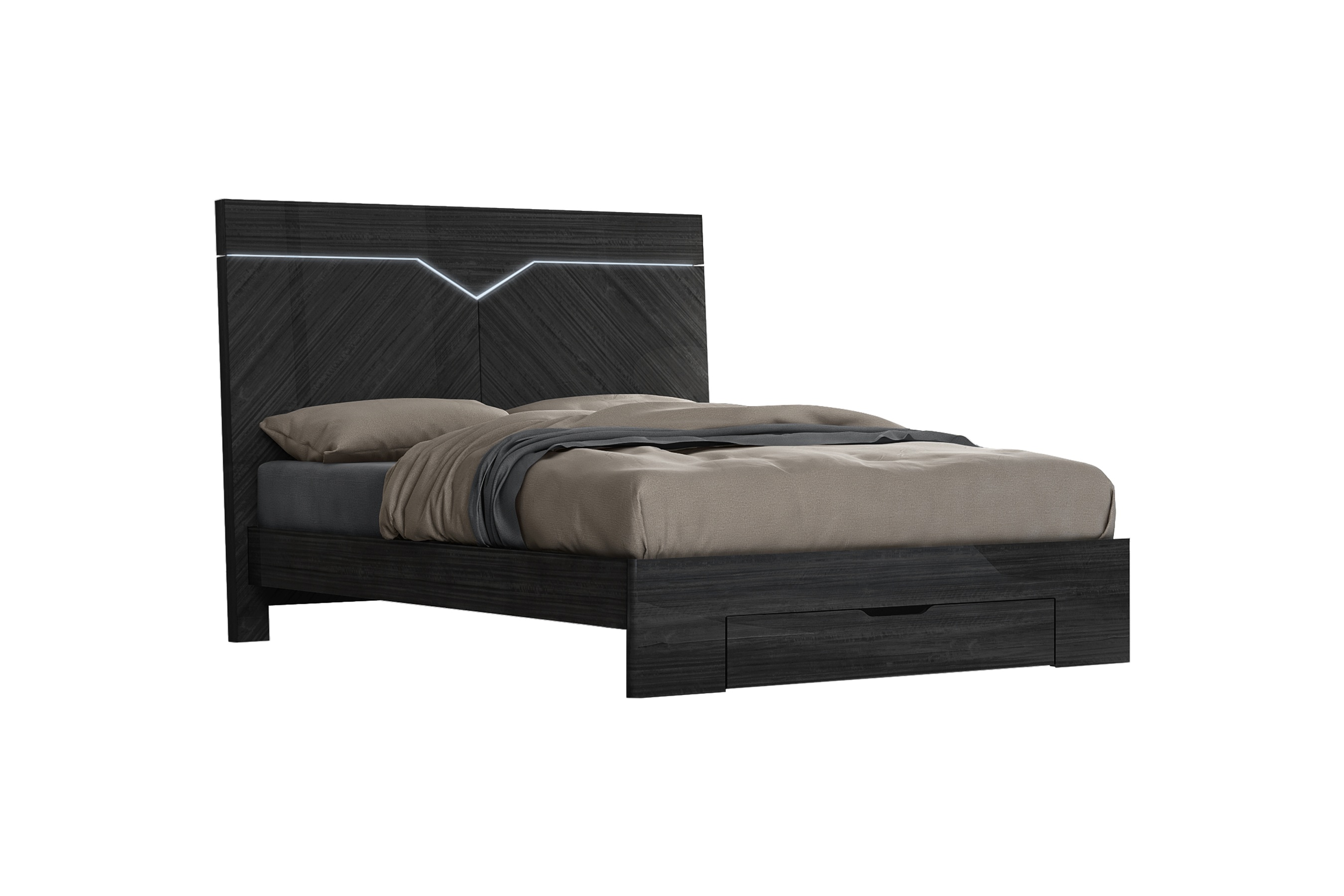 K-Living Stark King Size Bed for Adults, Angley Grey Lacquer Finish with Accent LED Lights