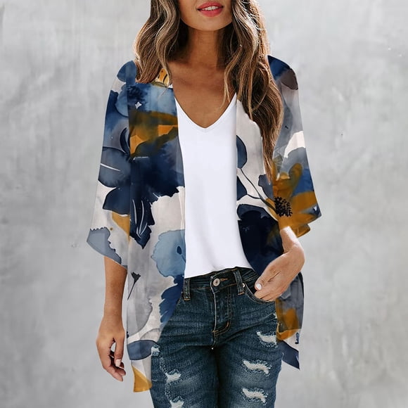 lcziwo 2024 Kimono Cardigan pour Femmes Kimono pour Femmes Imprimé Floral Kimono Léger en Chiffon Cardigan Manches Bouffantes Ample Tenue de Plage Couvre-Maillot Blouse Hauts Multicolore TG