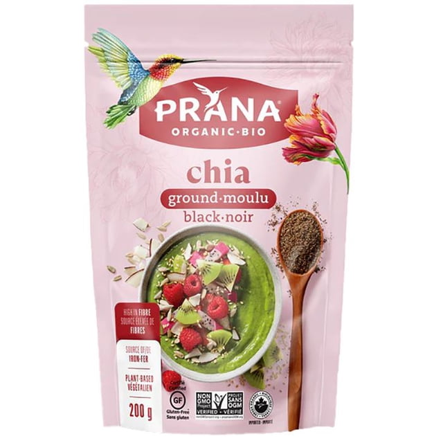 Prana Org Ground Black Chia Seeds 200g packaged ground black chia seeds in a retail pouch with prAna branding; fine ground seed texture, plant-based source of omega-3, protein and fibre, suitable for vegan baking and often used as a vegan egg substitute or thickener.