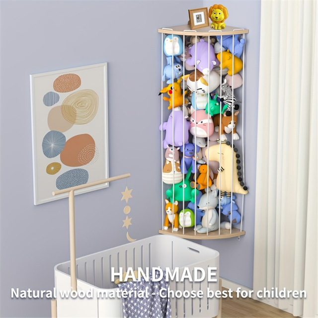 Corner Stuffed Animal Zoo, a vertical toy storage organizer for plush toy holders, displayed in a children's room. The organizer features elastic ropes spaced 4 inches apart, securely holding various stuffed animals while displaying them visibly. It has a height-adjustable design up to 79 inches and a 12-inch diameter base, fitting neatly into a corner to save floor space. Made from durable metal with a wood-coloured finish, it supports up to 15kg and doubles as a decorative piece for playrooms or nurseries. Often referred to as a stuffed animal hammock, it is ideal for maintaining a clutter-free space.