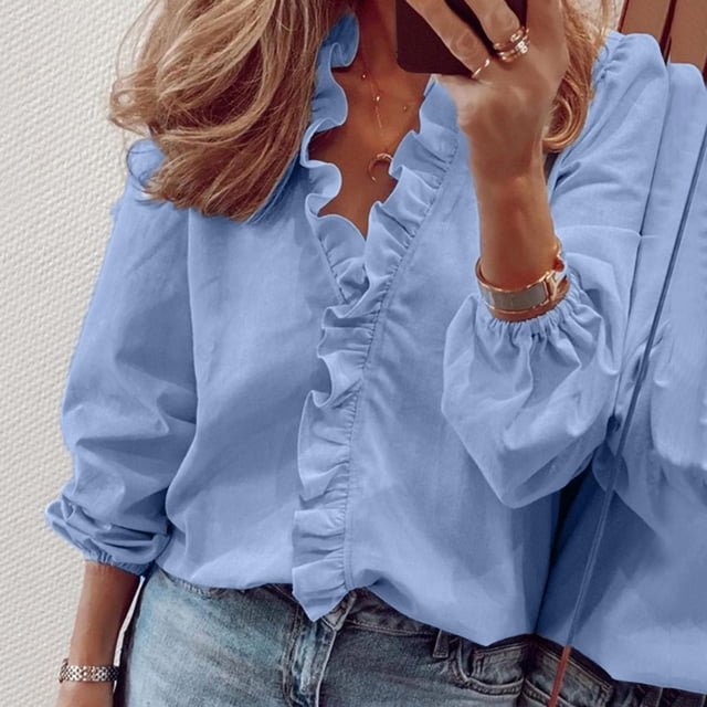 Women's Casual Solid Color Ruffle Collar Long Sleeve Ruffle Shirt Blouse V Neck Short Sleeve Shirt Tops