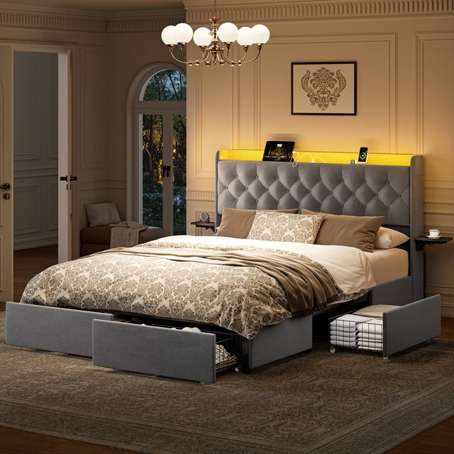 GUNAITO Full Size Bed Frame with 4 Storage Drawers, featuring a gray velvet upholstered design with a modern wingback headboard. The bed includes built-in RGB LED lights for customizable ambiance and a storage shelf with USB and Type-C charging ports. The four under-bed drawers on pulleys provide ample storage for clothes and bedding, while the foldable side compartments offer additional space for essentials like glasses and water bottles. The sturdy metal construction ensures durability and noise-free use, making it suitable for modern bedroom decor.