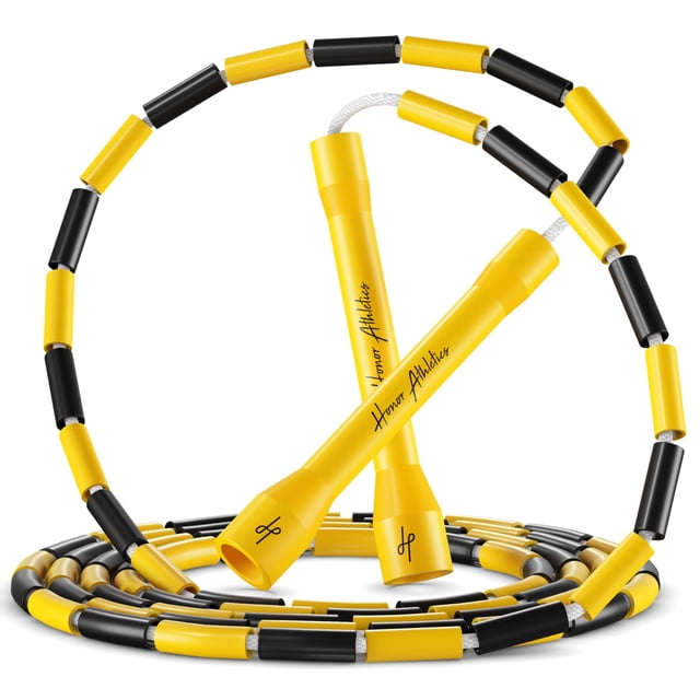 Honor Athletics 2.0 Beaded Jump Rope in black and yellow, featuring adjustable length and unbreakable 5-inch plastic polymer handles. Designed with 1-inch shatterproof beads and a 3.8mm thick inner rope for enhanced durability and fitness training. Suitable for individuals up to 6'4" tall.