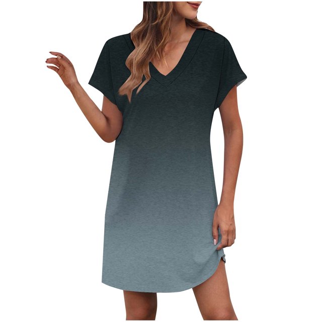 LOVZFMLL Robes d'Été pour Femmes T-Shirt Décontracté Ample Robe Droite Col en V Manches Courtes Basique Tenues Quotidiennes Noir B L