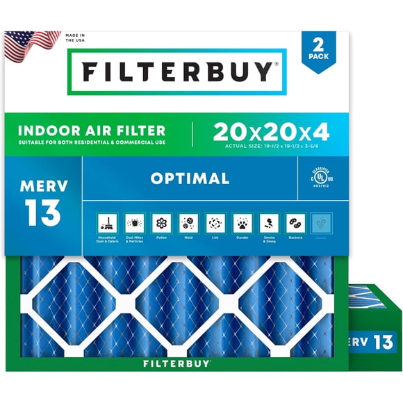Filterbuy 20x20x4 MERV 13 (MPR 1900) Health Defense, Filtres à Air Plissés pour CVCA/fournaise (Lot de 2)