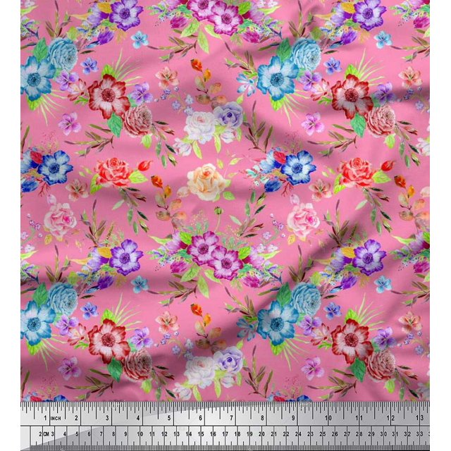 Soimoi Poly Georgette Fabric Leaves, & Rose Floral Printed Craft Fabric by The Yard 52 Inch Wide