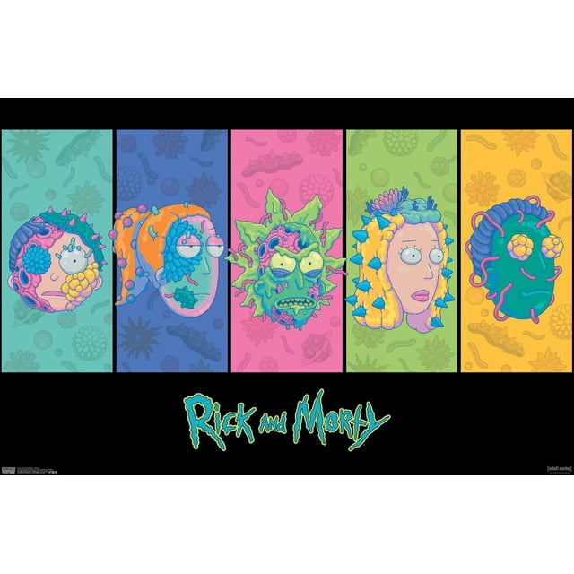 Rick And Morty - Affiche Murale de Visages, 22,375 Po x 34 Po Présentant Cinq Visages de Personnages Stylisés de Rick And Morty avec des textures Microbiennes et des Pointes, Chacun sur un Fond distinct Sarcelle, Bleu, Rose, Vert Ou Jaune. l'Affiche Comprend le logo de Rick And Morty sur Fond Noir, Idéal pour une Déco Intérieure Vibrante et une Oeuvre Murale.