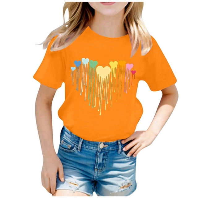 LUOGENLI T-Shirt pour Filles Enfant Filles Mignon Mode Imprimé Col Rond Manches Courtes Tee Été Décontracté Doux Ample T-Shirt Hauts Chandails de Pâques pour Filles 2025 Orange 8-10 Ans