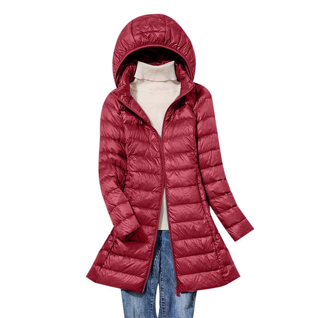 RKSTN Puffer Jacket Womens Lightweight Removable Hood Lightweight Down Jacket Mid-length Plus Size Zipper Thin Jacket with Pockets. The jacket is shown in a vibrant red colour with a quilted design, featuring a removable hood, full-length sleeves, and a mid-length cut. It is styled over a white turtleneck sweater and blue jeans, highlighting its casual and versatile appeal. Made from lightweight polyester, it offers warmth without bulk, making it suitable for winter and spring wear.