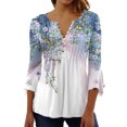 thumbnail image 2 of facefd 3/4 Manches Tops Swing T-Shirt Été Tunique Lavable Longue Durée Plissé devant V-Cou Blouse Chic Femmes Vêtements Bleu M, 2 of 5