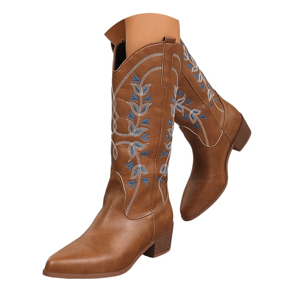 Dakaela Bottes de Cowboy pour Femmes Bottes Western de Cowgirl Hauteur Genou Bout Pointu Talon Épais à Enfiler Chaussures d'Hiver