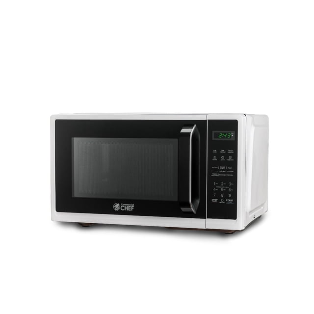 Commercial Chef 0.9 Cubic Foot Microwave with 10 Power Levels, white countertop microwave featuring a black front panel, digital touch controls with green LED clock display, pull handle, and preset cooking menus including popcorn, potato, pizza, frozen vegetables, beverage, and dinner plate, ideal for compact spaces like apartments and dorms.