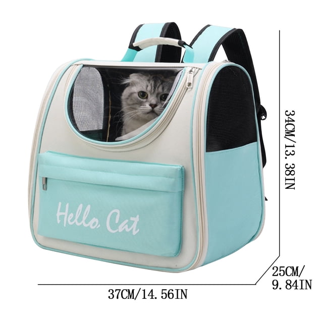 Pompotops Outdoor Portable Pet Backpack Breathable Large Capacity Pet Backpack designed for small animals. Features a light blue and beige colour scheme, mesh panels for ventilation, a front pocket with 'Hello Cat' text, adjustable shoulder straps, and a clear window for pet visibility. Dimensions are 37x34x25cm, ideal for small animal habitats and travel.