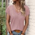 thumbnail image 3 of Birdeem Women Casual Patchwork Lace Solid Short Sleeve V-Neck Tops, 3 of 6