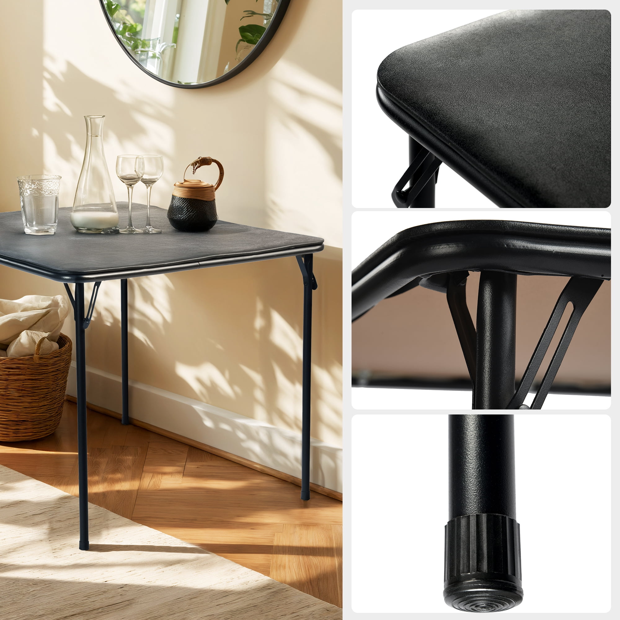 Homy Casa table pliante carrée 33,9 po, plateau PVC noir, pieds en métal, pour repas, jeux, fêtes et petits espaces