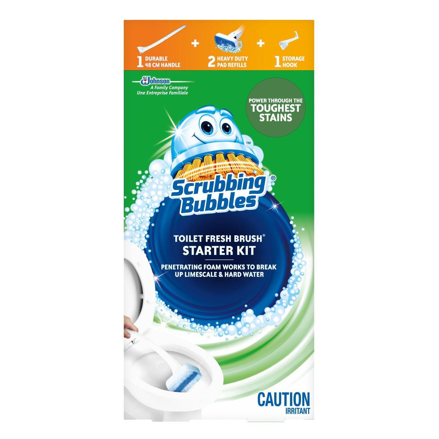 Scrubbing Bubbles Brosse Fraîcheur Toilette Nécessaire de départ, Comprend 1 manche, 2 recharges de tampons pour gros travaux et un crochet de rangement