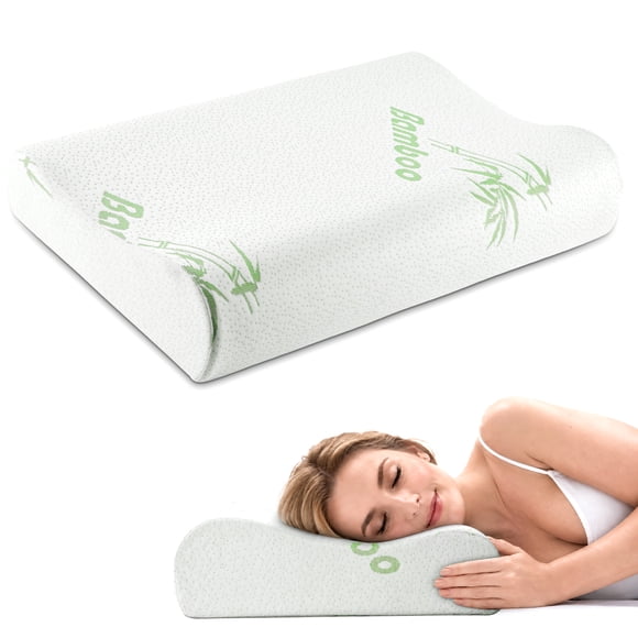 DONAMA Bed Pillow, Cervical Pillow for Neck Pain Relief, Memory Foam Neck Pillow for Sleeping, Contour Bed Pillow for Side and Back Sleeper, with Bamboo Pattern Pillowcase