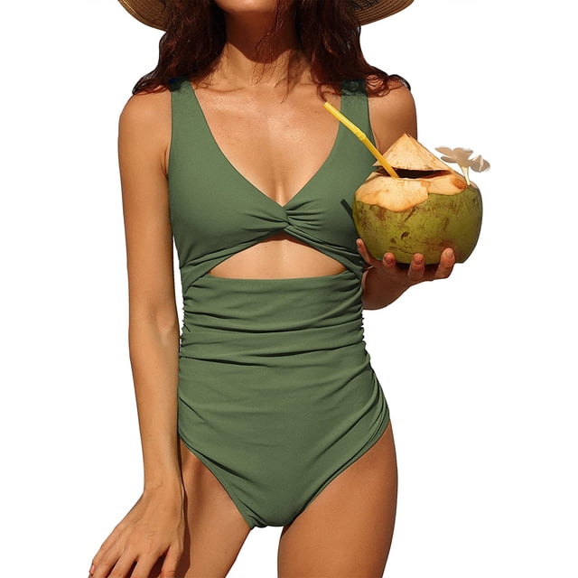 Charmo Womens V Neck One Piece Swimsuit High Cut Backless Cut Out Bathing Suits Swimwear