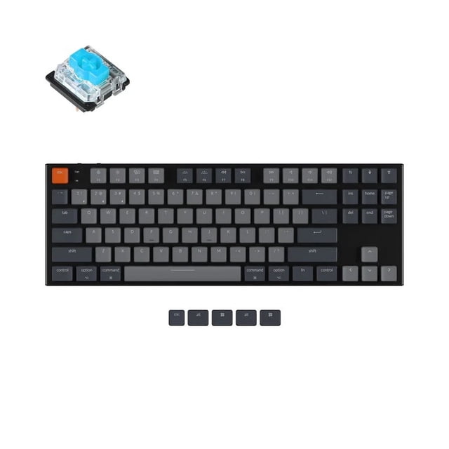Keychron K1 V2 Wireless Low Profile Mechanical Keyboard in black with white LED backlighting and aluminum frame, featuring Gateron Blue switches and a tenkeyless layout compatible with Windows, Mac OS, and Android, shown with extra keycaps and a close-up of a blue mechanical switch.
