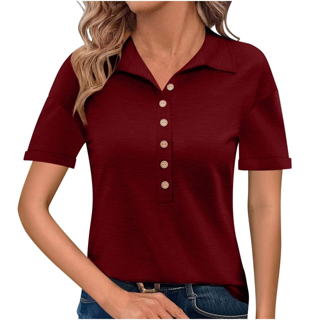 Besolor Womens Short Sleeve T Shirts Business Casual Collared Button up Tops Summer Office Work Blouses Tees