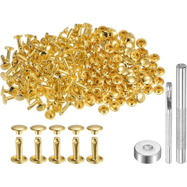 200 Sets Leather Rivets 12 x 8mm Metal Double Cap Rivet Snaps Studs Fasteners with 3pcs Setting Tools Rivets for Leather Craft DIY Repair Decoration, Gold Tone
