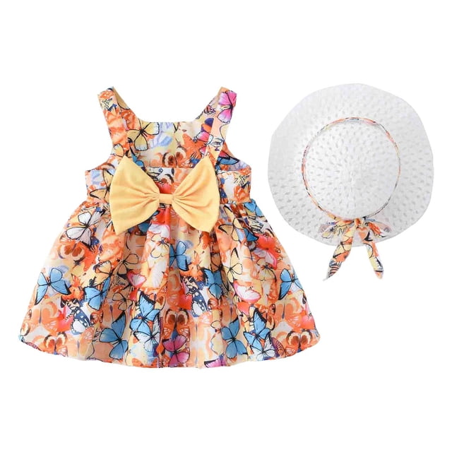 Robe pour Bébé Fille Robe Tutu pour Bébé Fille Robe d'Été Sans Manches pour Filles avec Chapeaux 2 Pcs Robe de Printemps pour Bébé Fille 2-3 Ans