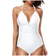 thumbnail image 3 of VBTAPA Tummy Control Swimsuits for Women Full Coverage One Piece Bathing Suits Metal Halter V Neck Ruched Slimming Swimwear Limited Time Sales White M, 3 of 5