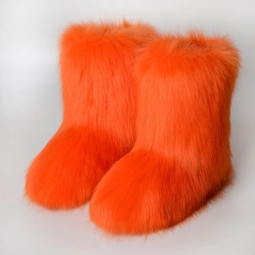 Pisexur Black Friday Deals 2022! EGNMCR Women's Faux fur Boot Furry Fluffy Short Snow Boot Mid-Calf Boots Warm Comfortable Outdoor Flat Shoes
